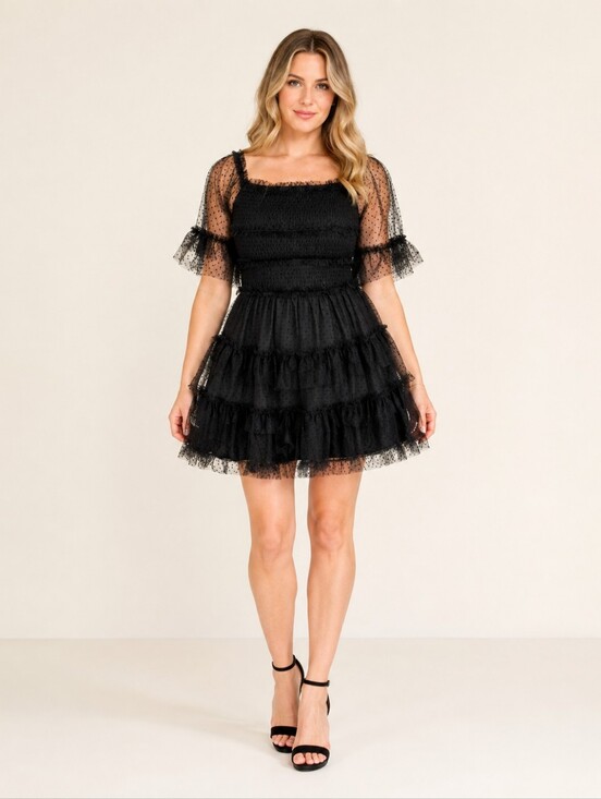 white birch Dresses & Skirts - White Birch Black Swiss Dot Tulle Mini Dress M Smocked Ruffle Romantic Goth NWT